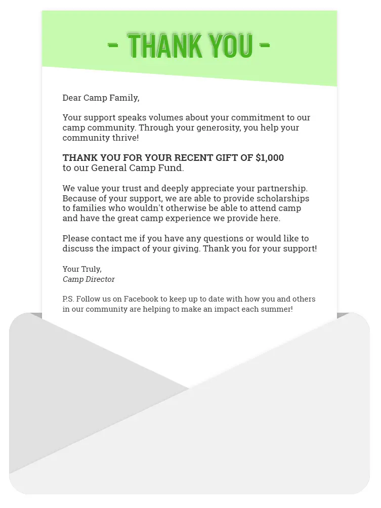 Say thank you to donors with a personalized thank you letter as part of your camp fundraising campaigns.