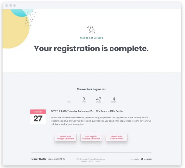 "registration is complete" email for online webinar registration