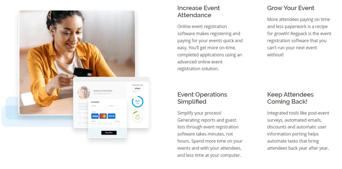 Screenshot of Regpack's event registration page about the benefits of event registration software