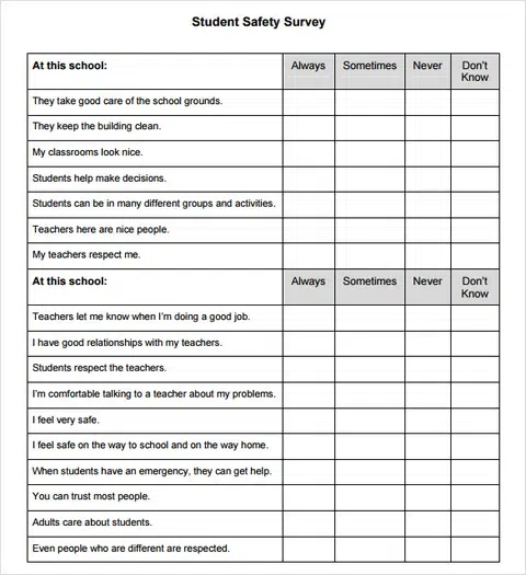 Sample Template of a School Performance Survey Example of a student safety survey