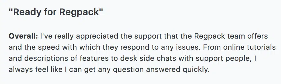 a Regpack review about the support team and the online resources