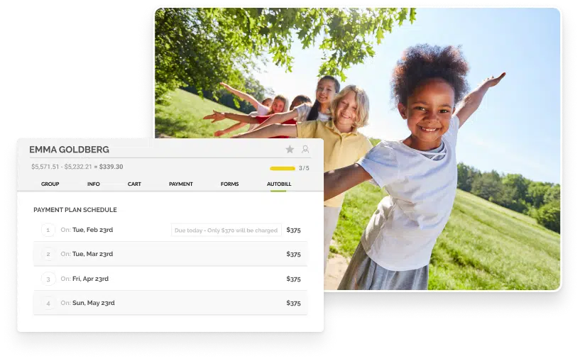 class and childcare registration graphic over kids playing outside