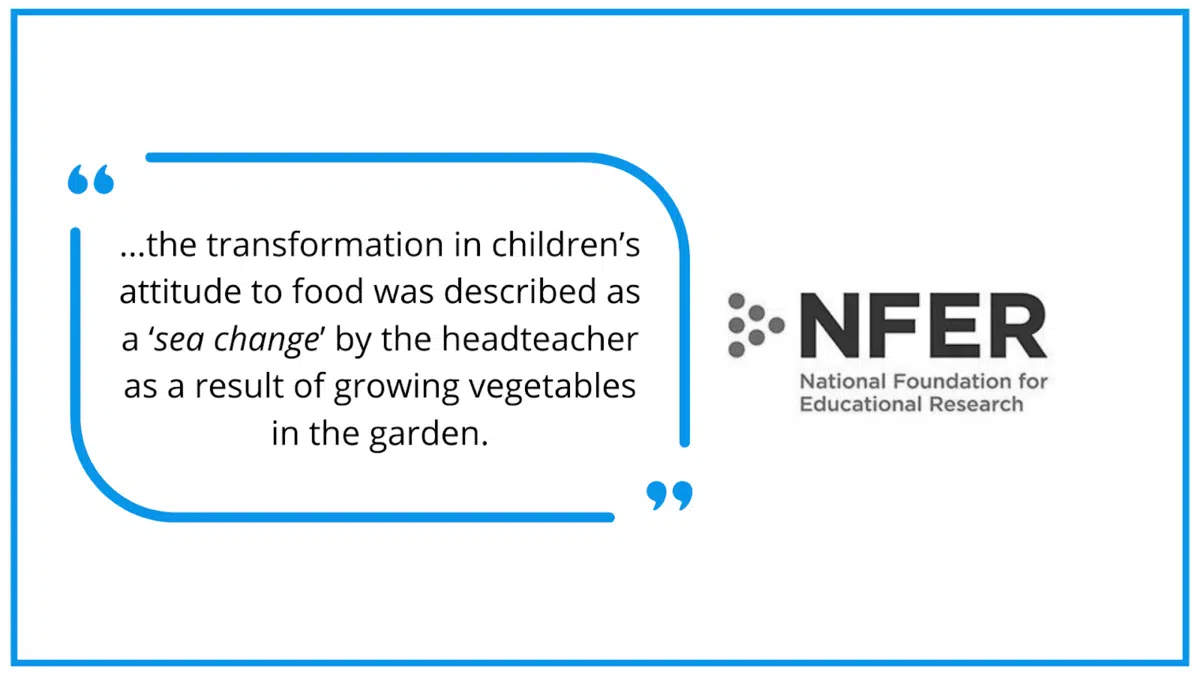 how-gardening-affects-kids-eating-habits A quote from the National Foundation for Educational Research (NFER) on how gardening makes kids eat more vegetables.