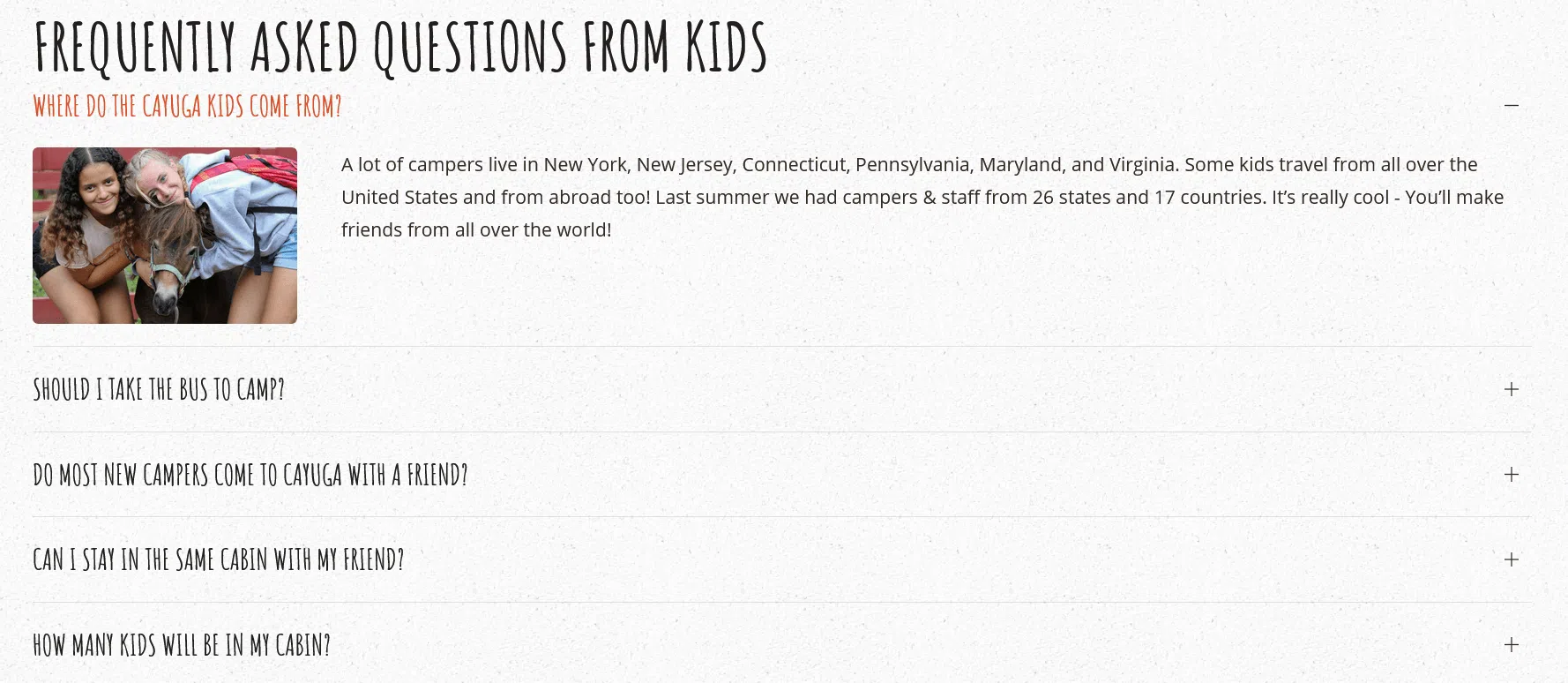 a list of frequently asked questions received from kids from camp cayuga's website