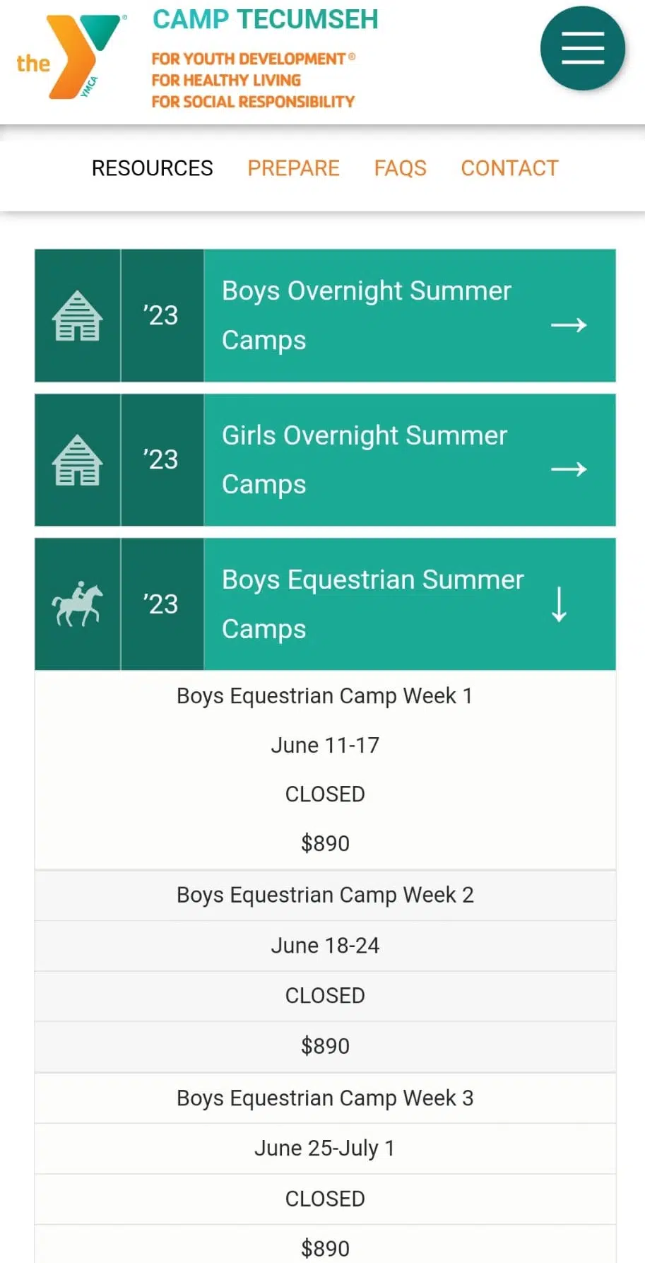 camp tecumseh's mobile optimised website