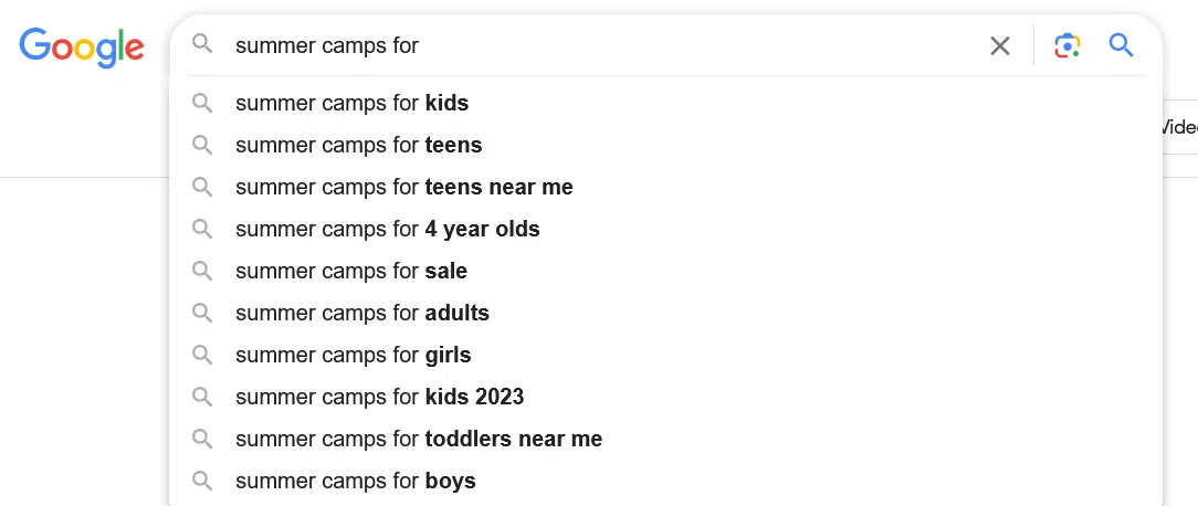 Google search suggestions for the phrase "summer camps for"