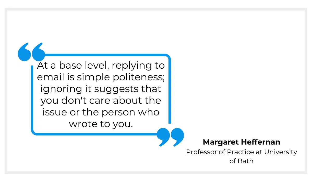 at a base level replying to an email is simply politeness, ignoring it suggests you don't care about the issue or the person who wrote to you (margaret heffernan)