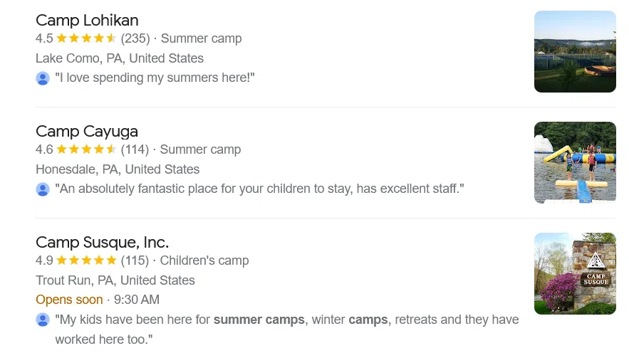 Google search results for the query "summer camps in Pennsylvania"