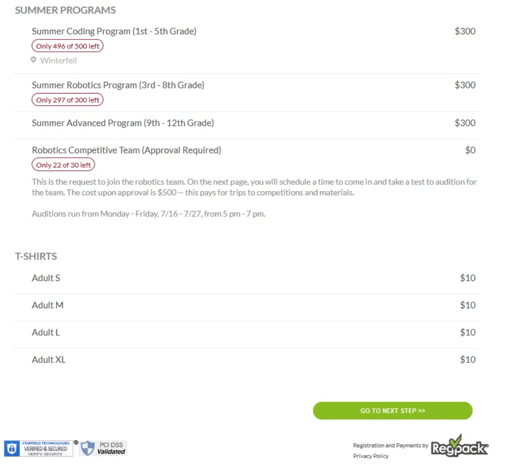 catalog of offerings listed in regpack