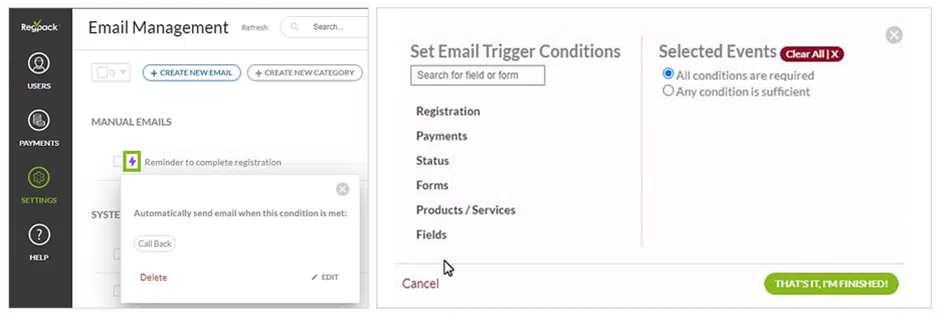 regpack trigger-based email reminder