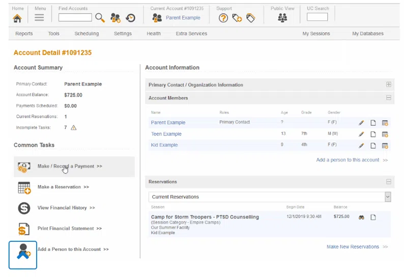 ultra camp account details interface with payment plans
