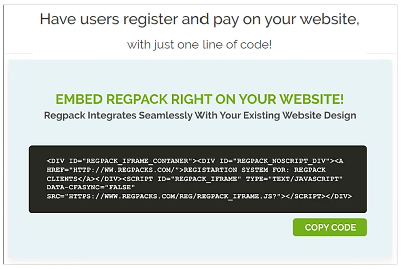 regpack an illustration of what code for Regpack's embedded payment form looks like