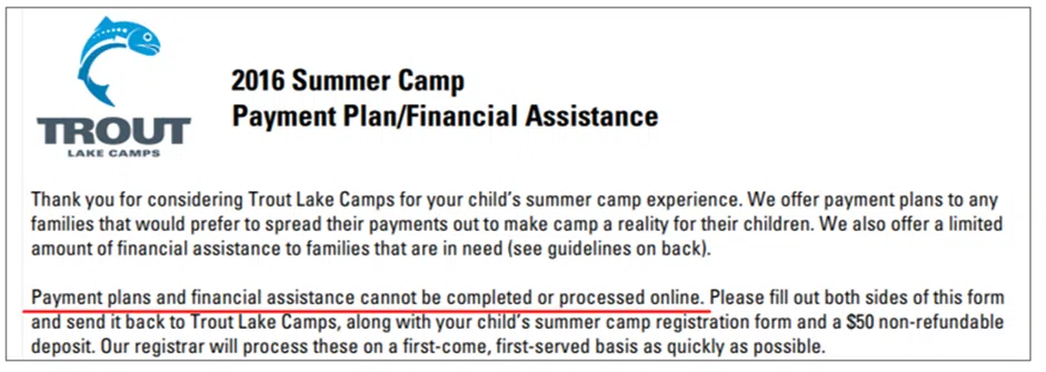 trout lake camps notification highlighting the fact that payment plans and financial assistance can't be processed online