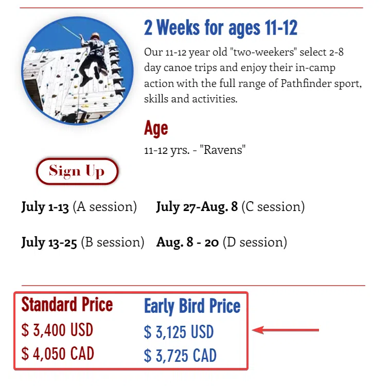 a comparison of standard and early bird prices for camp pathfinder (early bird prices are around $300 lower)