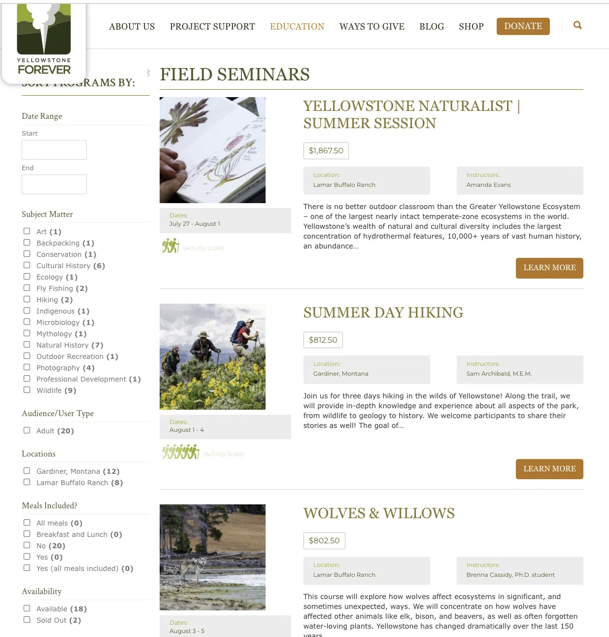 Yellowstone field seminar offer