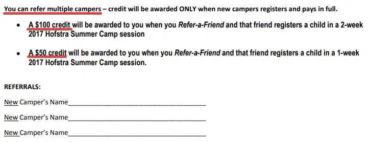 Hofstra's referral program, giving campers $100 or $50 credit depending on how long the referred client comes