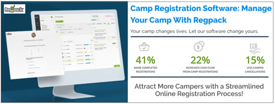 benefits of using regpack for camp registrations (41% more registrations, 22% more cashflow, 12% less cancellations)