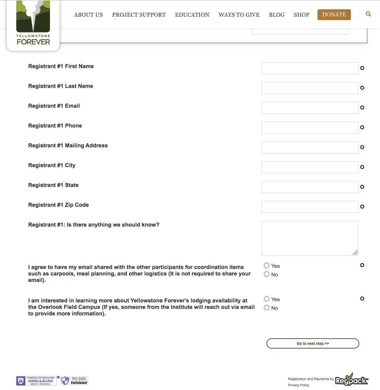 yellowstone field seminar form personal info section