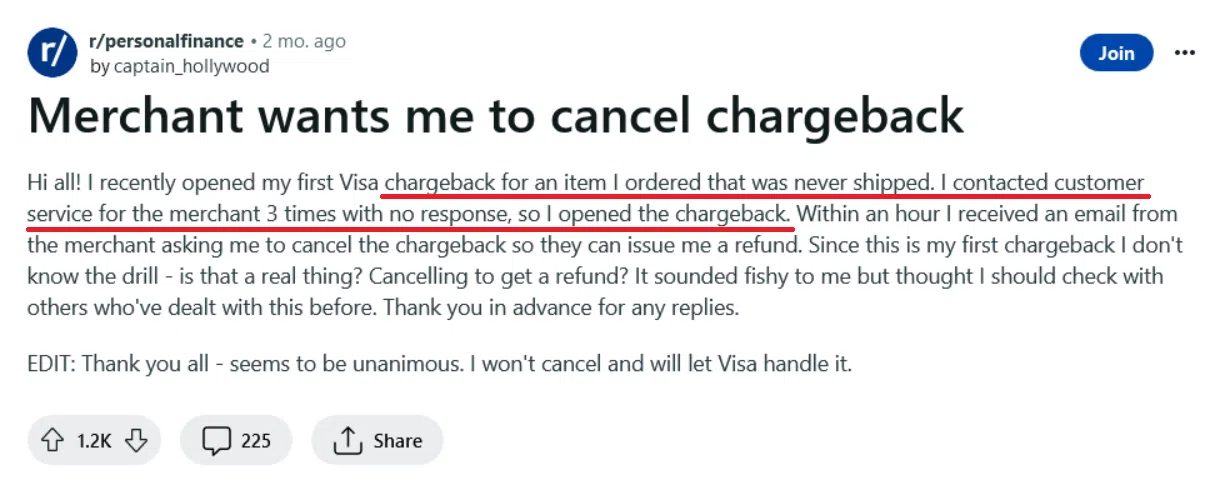 reddit-post-about-chargeback-cancellation-request
