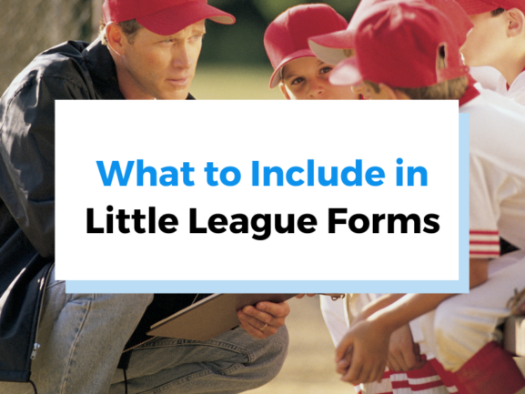 header image for the blog on little league enrollment forms including a photo of a dad coach talking to a group of boys on a little league baseball team