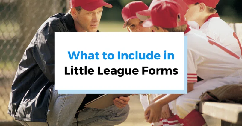 header image for the blog on little league enrollment forms including a photo of a dad coach talking to a group of boys on a little league baseball team