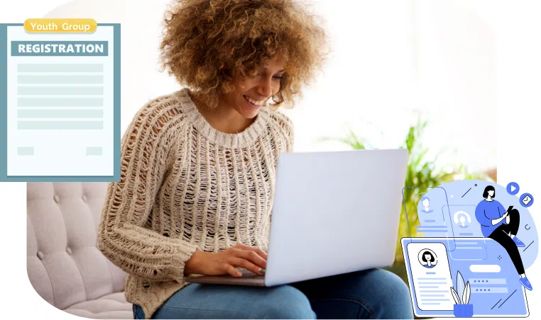 Youth Group Registration graphic with a women on her computer