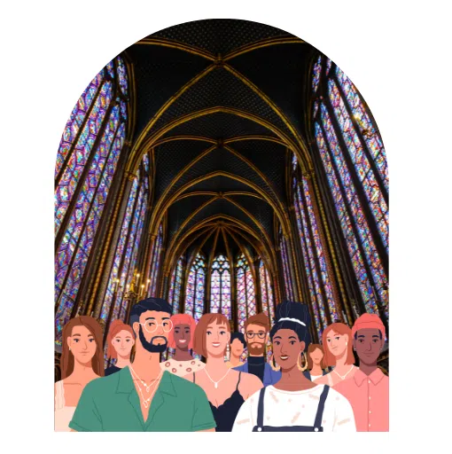 Front view of a group of people sitting in church.