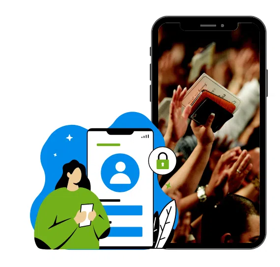 Graphic of a person signing up for church on their phone