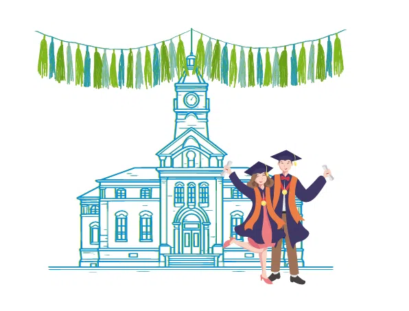 graphic of a boy and a girl graduating with confetti